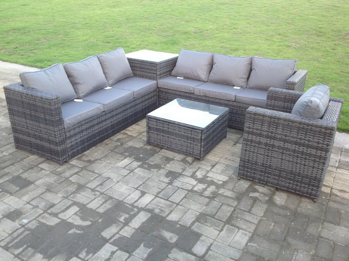 GARTENSET Polyrattan 7-Sitzer - Dunkelgrau/Grau, Glas/Kunststoff - Fimous
