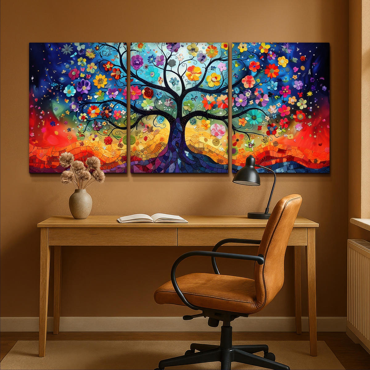 LEINWANDBILD 3er Set Bunt - Baum des Lebens - Blumen - Abstrakt 180x80 cm - Blau, Textil (180/80cm) - MuchoWow
