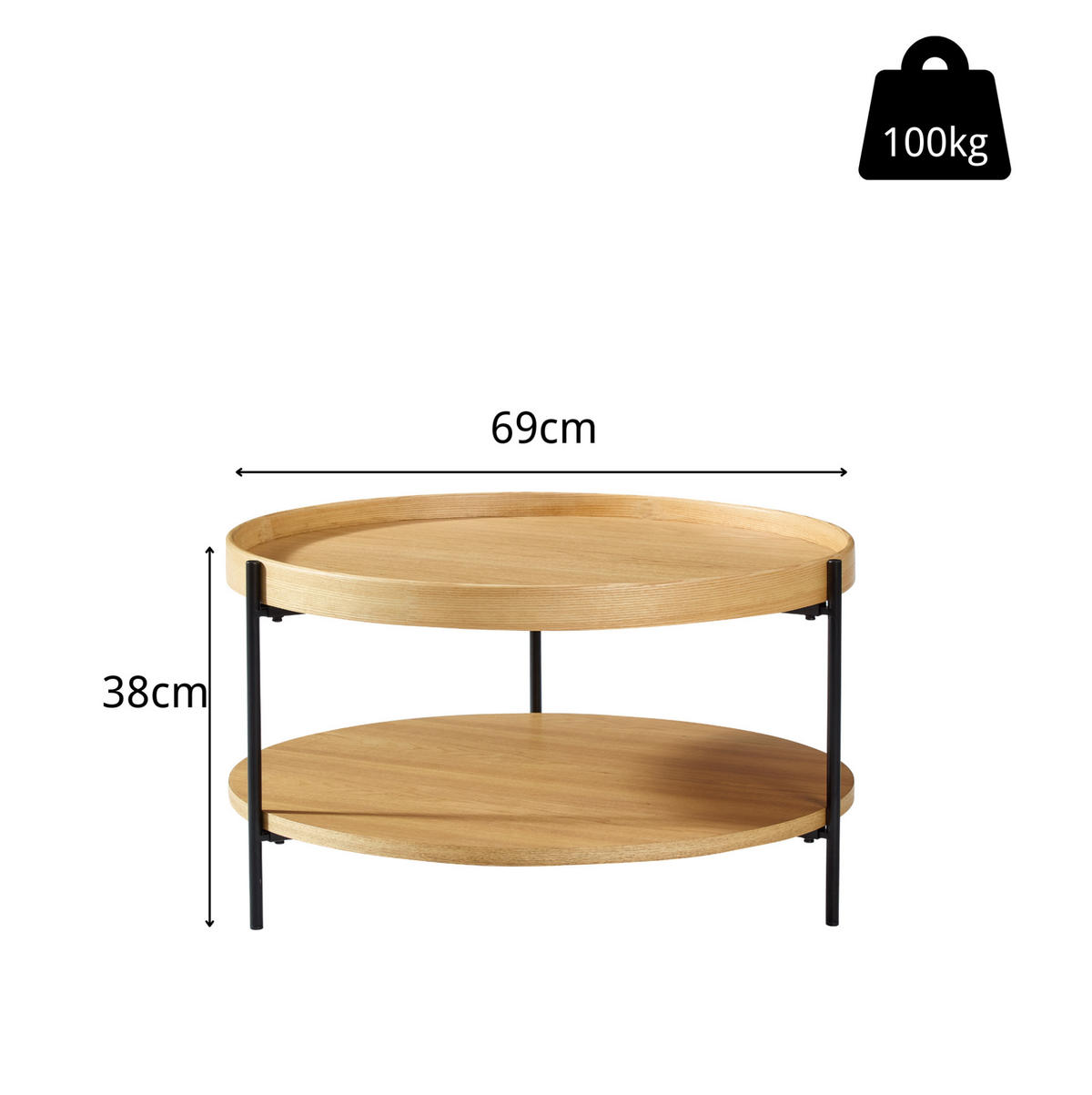 KONFERENČNÍ stolek 69x69x38 cm přírodní, z masivního dřeva a MDF, 2úrovňový - přírodní, kompozitní dřevo (69/69/38cm) - BEAOK