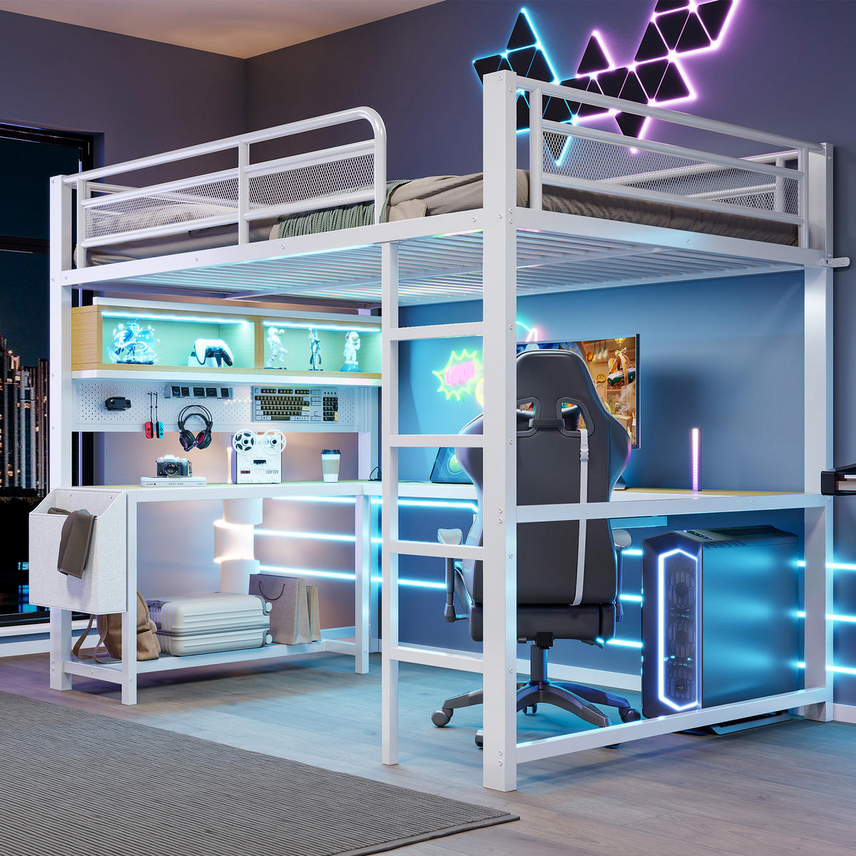 HOCHBETT 140/200 cm in Weiß mit Schreibtisch, LED und USB - Weiß, Holzwerkstoff/Metall (140/200cm) - WISHDOR