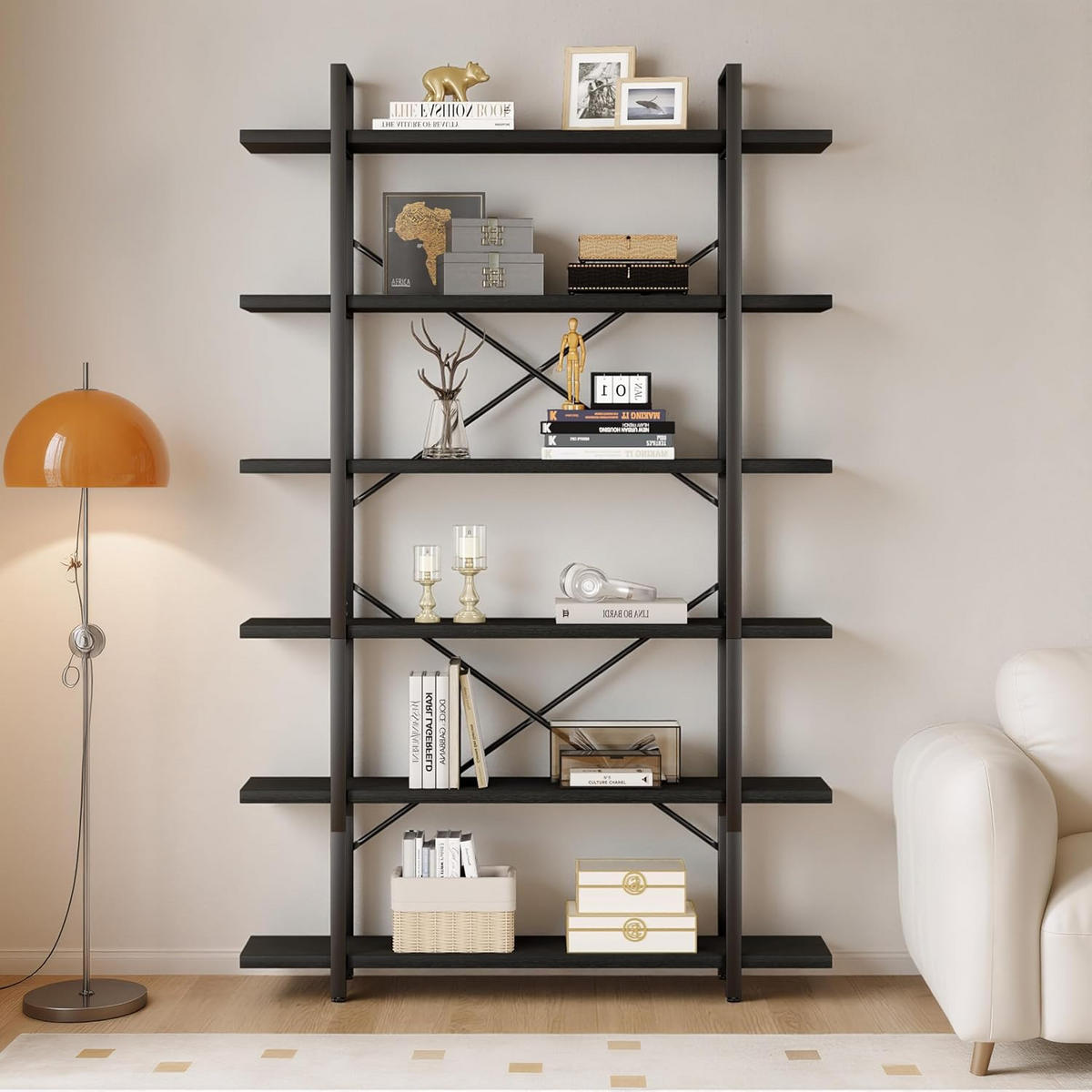 STANDREGAL Industrial Holzoptik Metall 6 Fächer 120 x 32 x 215,5 cm - Schwarz, Holzwerkstoff/Metall (122/215.5/32cm) - Quality Elegance