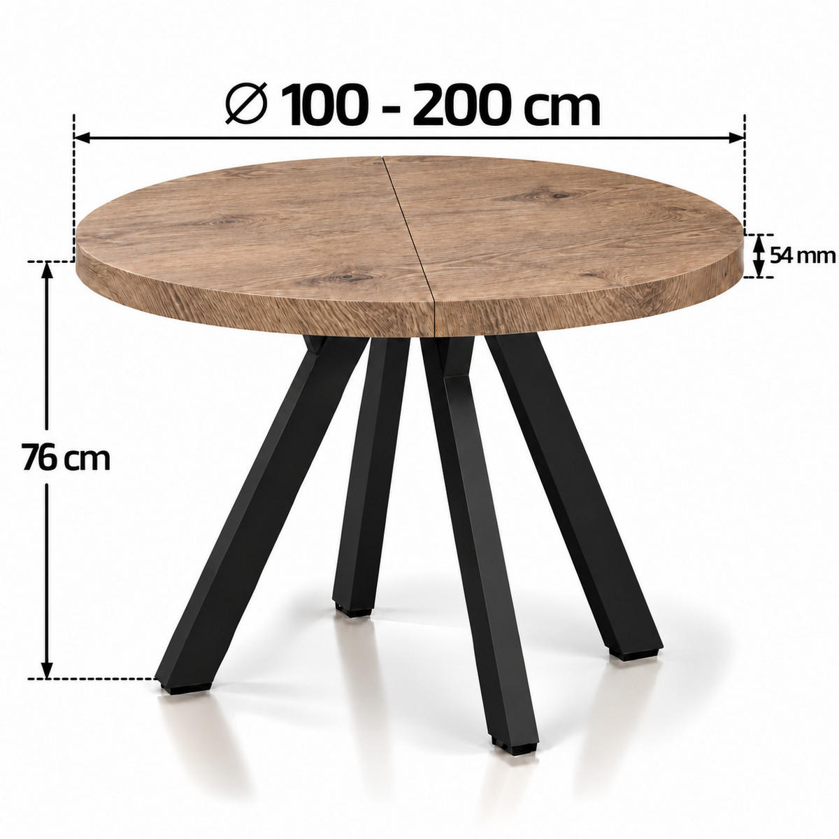 ESSTISCH rund ausziehbar 100/200/76 cm, Hellbraun Eiche Halifax Egger, 54 cm Tischplatte + Y Metallgestell Schwarz - Hellbraun/Schwarz, Holzwerkstoff/Metall (100/200/76cm) - Damale Möbel