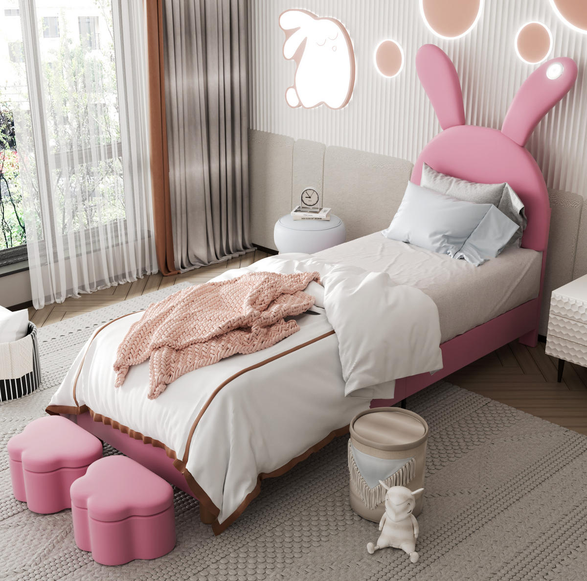 POLSTERBETT aus Samt 90x200 cm in Rosa mit LED & Stauraumbänken - Rosa, Textil (90/200cm) - Modfu