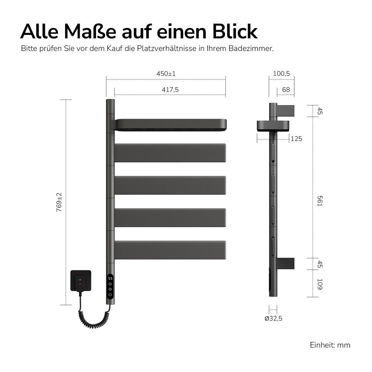 HEIZKÖRPER elektrisch 76 x 45 cm mit Smart-Steuerung & Ablage Anthrazit - Anthrazit, Metall (45/76.9/14.8cm) - EMKE