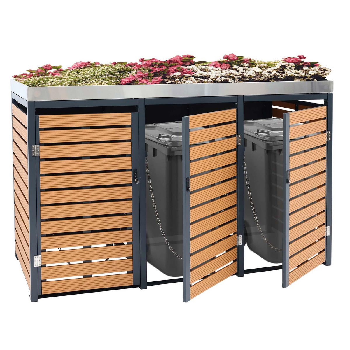 MÜLLTONNENBOX 3er mit Pflanzkasten HxBxT 124x200x84cm Teak-Optik - Teakfarben, Metall (200/124/84cm) - PROREGAL