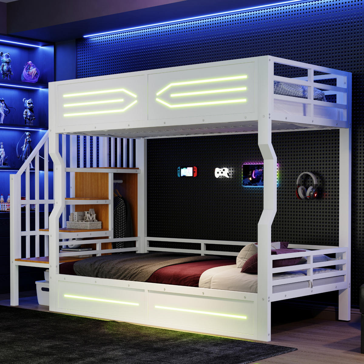 ETAGENBETT 90/200 cm mit LED-Beleuchtung, Stauraumtreppe und Sicherheitsgitter, MDF und Metall, Weiß - Weiß, Holzwerkstoff (90/200cm) - Redom