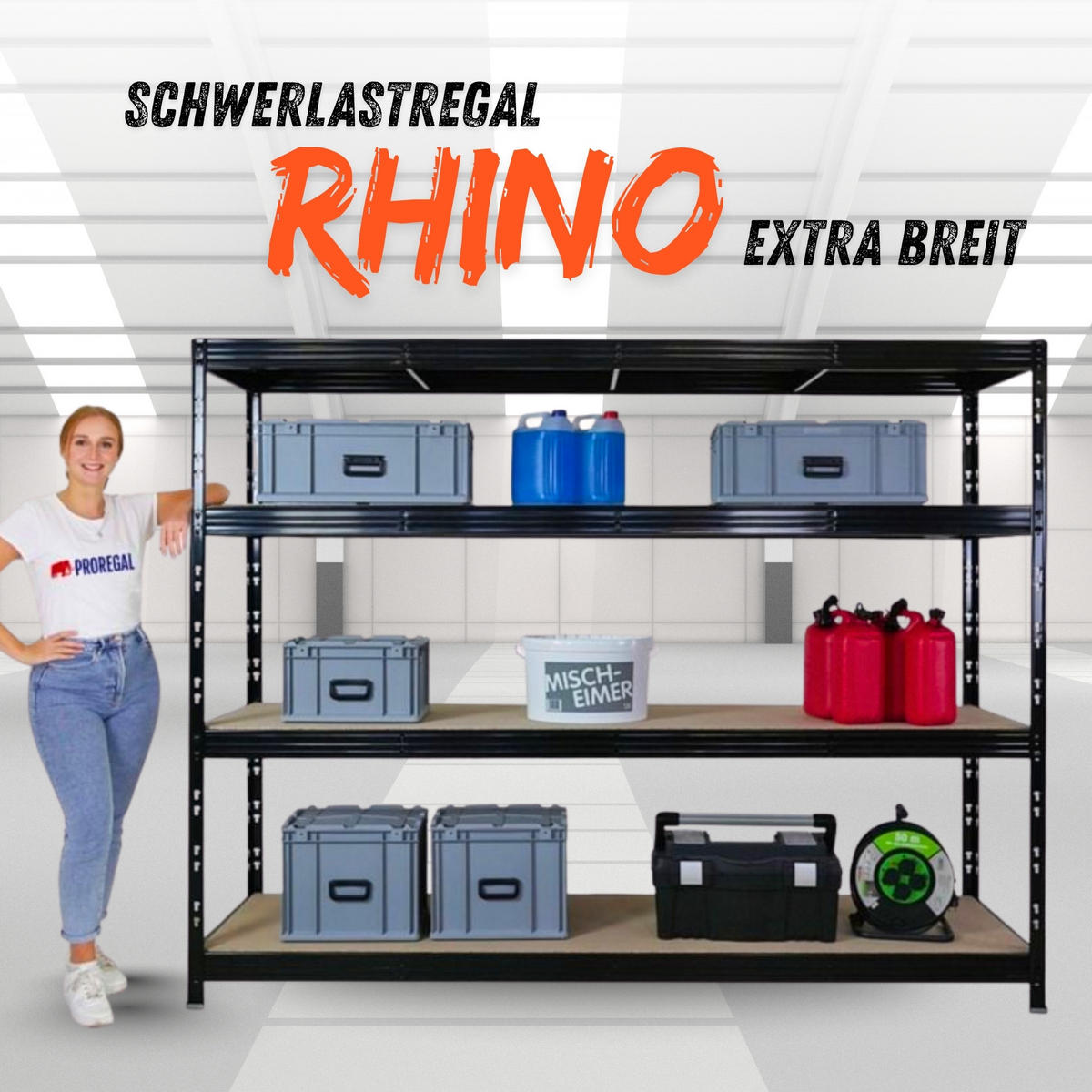 SCHWERLASTREGAL Rhino 180x240x60cm, 4 Spanplatten-Ebenen 8mm, Fachlast 450kg, Schwarz - Schwarz, Metall (240/180/60cm) - PROREGAL