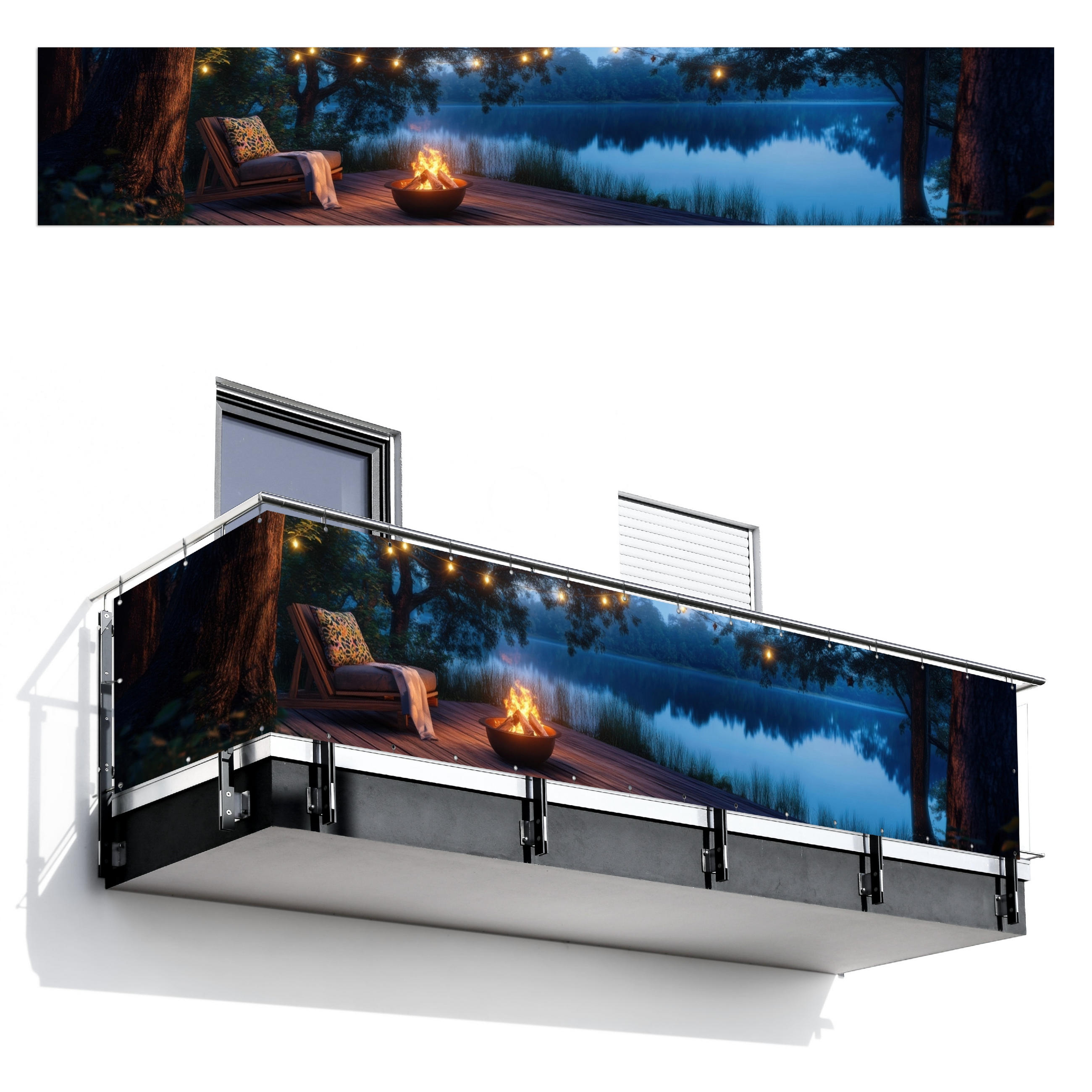BALKON-SICHTSCHUTZ Lagerfeuer - See - Abendlicht - Dunkelblau, Kunststoff (500/90cm) - MuchoWow