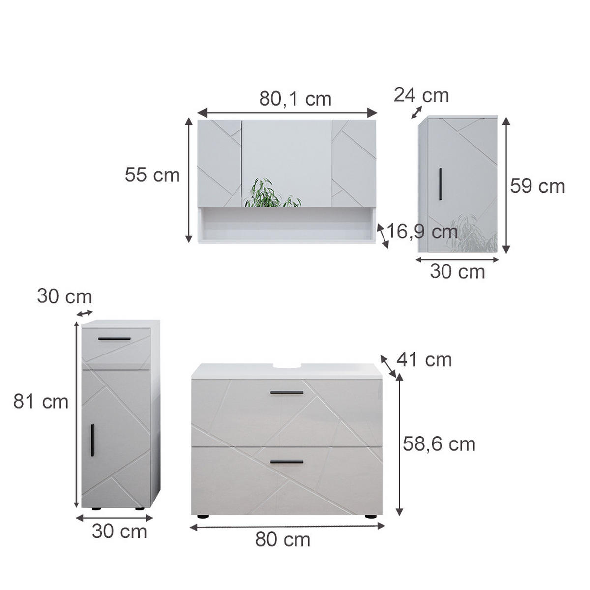 BADMÖBEL-SET Irma Weiß Hochglanz 4 Teile - Weiß Hochglanz/Weiß, Holzwerkstoff (80/58.6/41cm) - Vicco