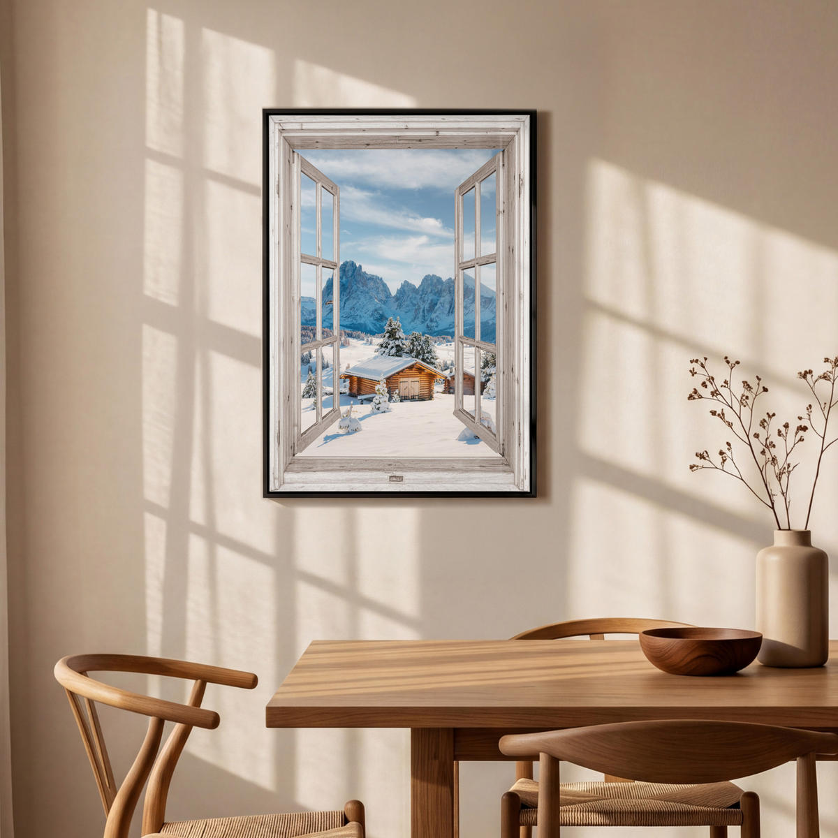 LEINWAND Bilder mit Rahmen - Winterlandschaft - Hütte - Berge - Ausblicke - Aussicht - Natur - 60x90 - Weiß Hochglanz, Textil (60/90cm) - MuchoWow