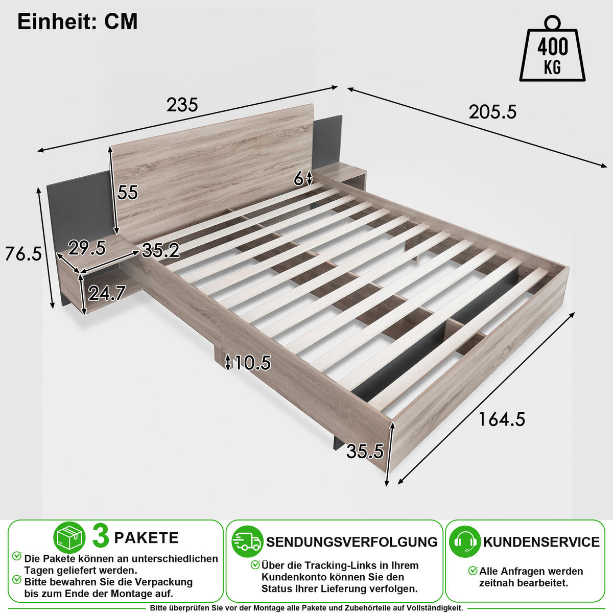 POSTELOVÁ SESTAVA 160/200 cm v dekoru dub Sonoma a tmavě šedé se 2 nočními stolky - světle hnědá, dřevo/kompozitní dřevo (160/200cm) - CHICFURN