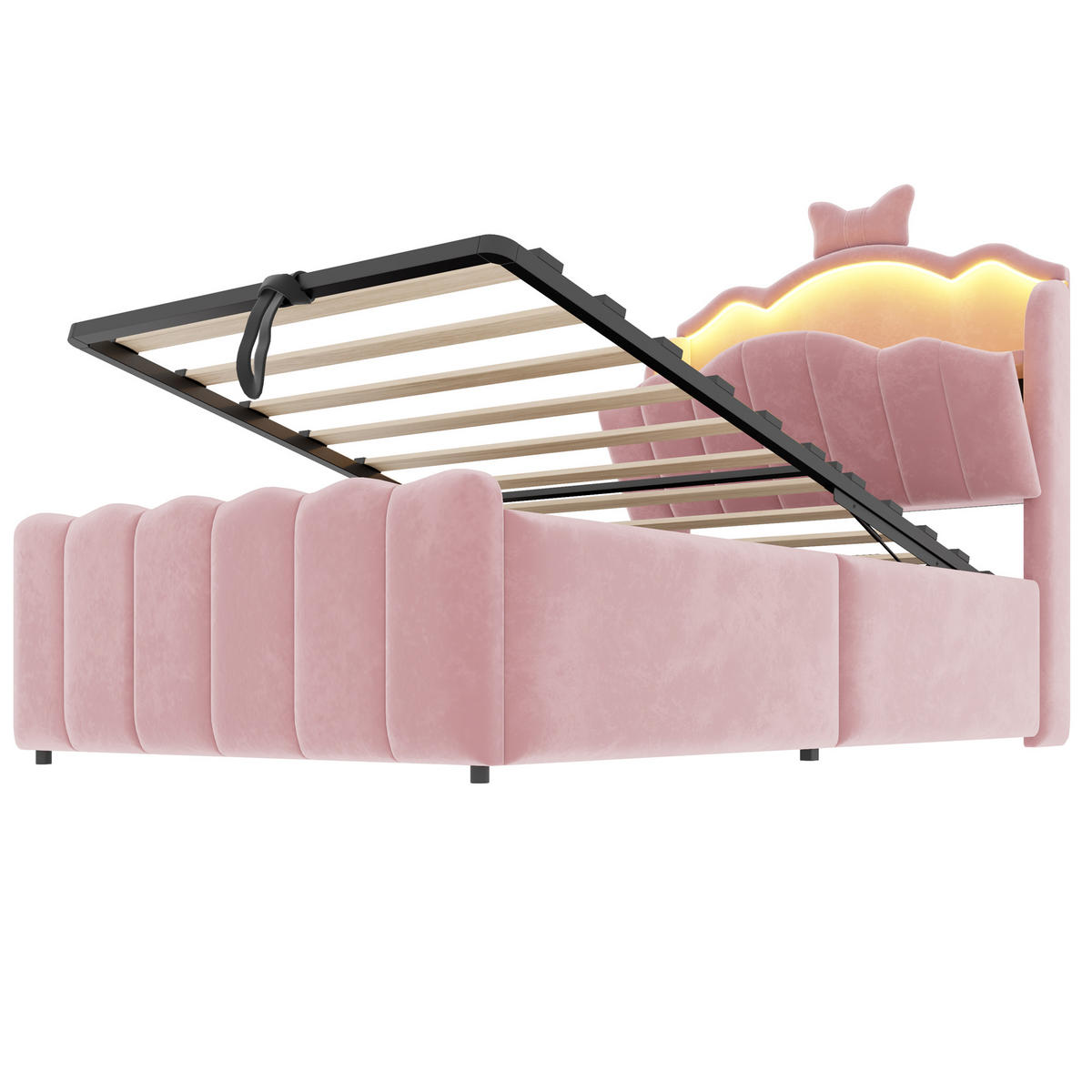 POLSTERBETT Rosa aus Textil 90×200cm mit hydraulischem Stauraum, Samtbezug, LED-Kopfteil mit Farbwechsel und USB-Anschlüssen - Rosa, Textil (90/200cm) - Luhomfu