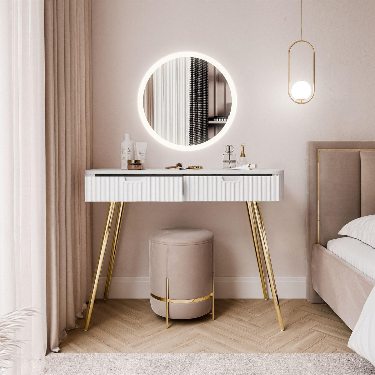 SCHMINKTISCH ZAIRA mit LED Spiegel Weiß - Weiß, Holzwerkstoff (103/80/49cm) - Lookway