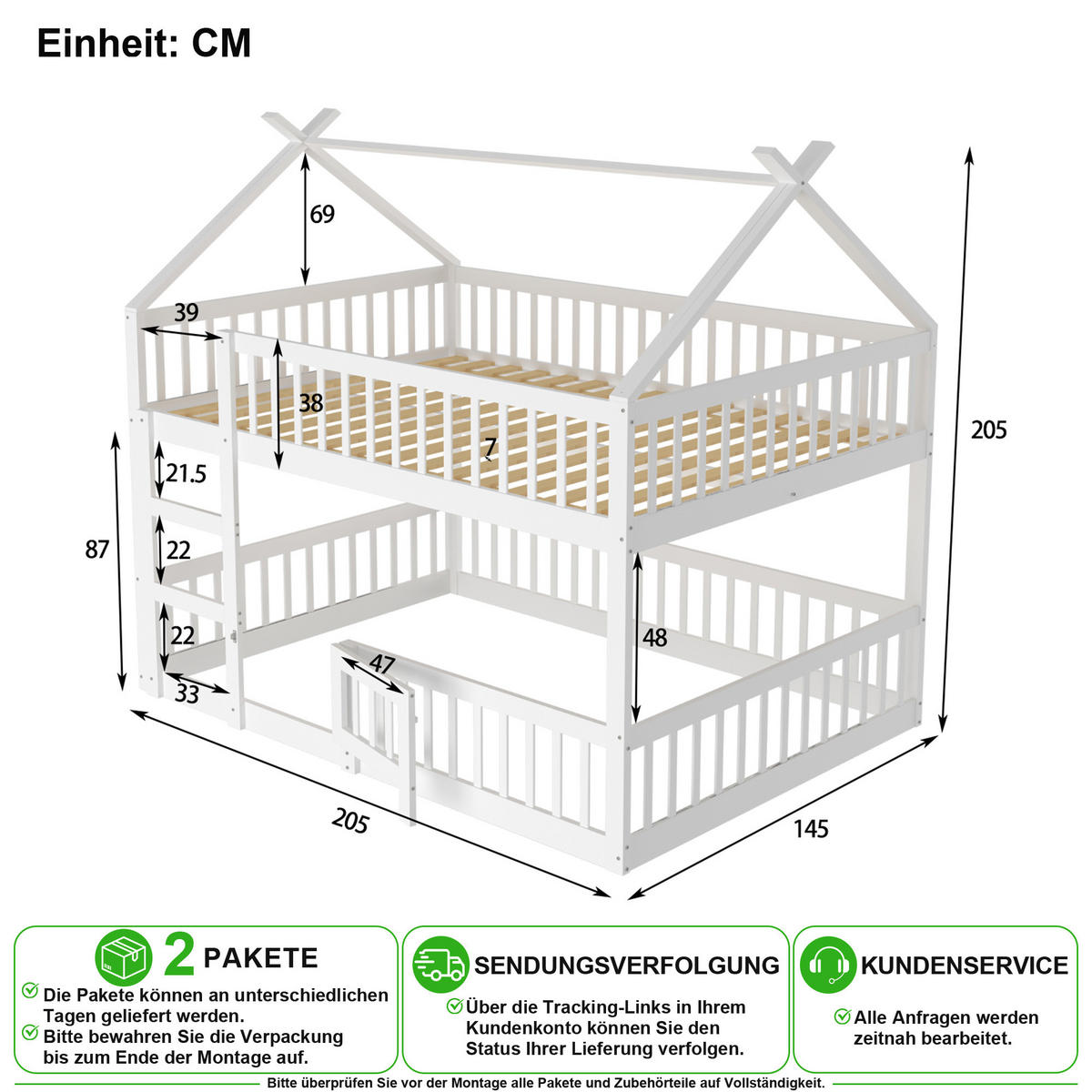 ETAGENBETT 140/200 cm in Weiß mit Treppe und Zaun - Weiß, Holzwerkstoff/Metall (140/200cm) - CHICFURN