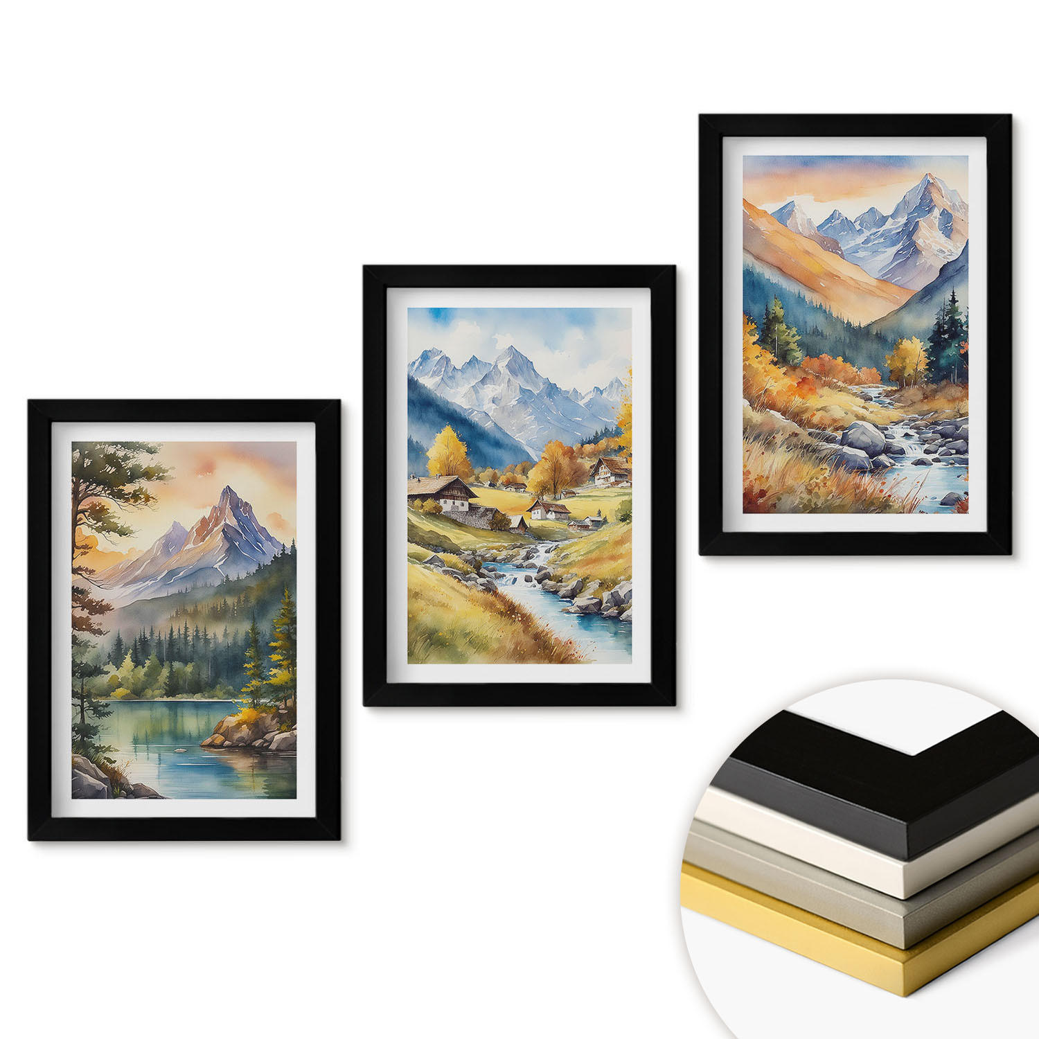 WANDBILDER 3er-Set - 20x30 cm Schwarzer Rahmen - Berglandschaft mit einem Fluss - Schwarz, Kunststoff (20/30cm) - ArtPrintCave