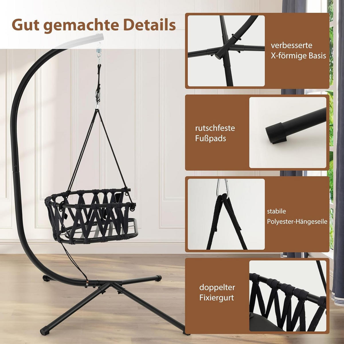 HÄNGFÅTÖLJ grå - Grå, Metall (106/251/100cm) - COSTWAY