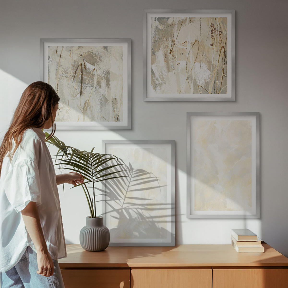BILDER SET 4er Set - 50x50 cm & 40x60 cm Silberner Rahmen - Helles Strukturfarbendesign - Silberfarben, Kunststoff (50/50cm) - TULUP