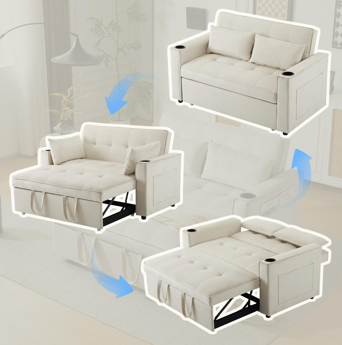 SCHLAFSOFA Samt mit 3-fach verstellbarer Rückenlehne und Getränkehalter Beige 137/76,5/83 cm - Beige, Textil (83/137/76.5cm) - Redom