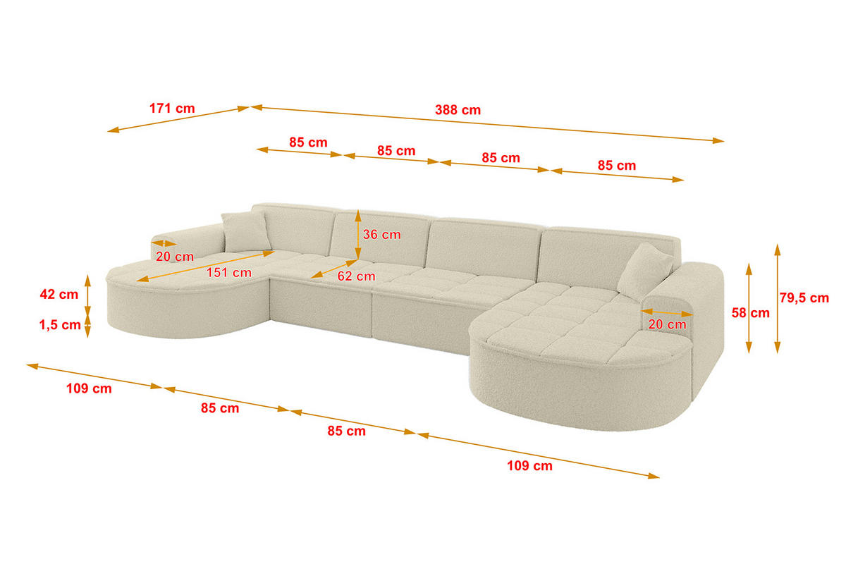 WOHNLANDSCHAFT TARO-U2 - 388x171x79,5 cm Beige - Beige, Holzwerkstoff/Textil (388/79.5/171cm) - ALTDECOR