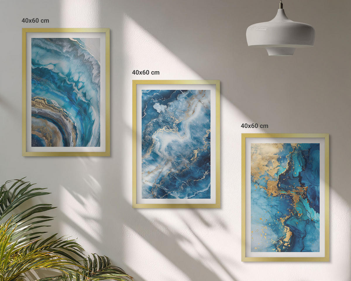 BILDER SET 3er Set - 40x60 cm Goldrahmen - Blaue abstrakte Muster - Goldfarben, Kunststoff (40/60cm) - TULUP