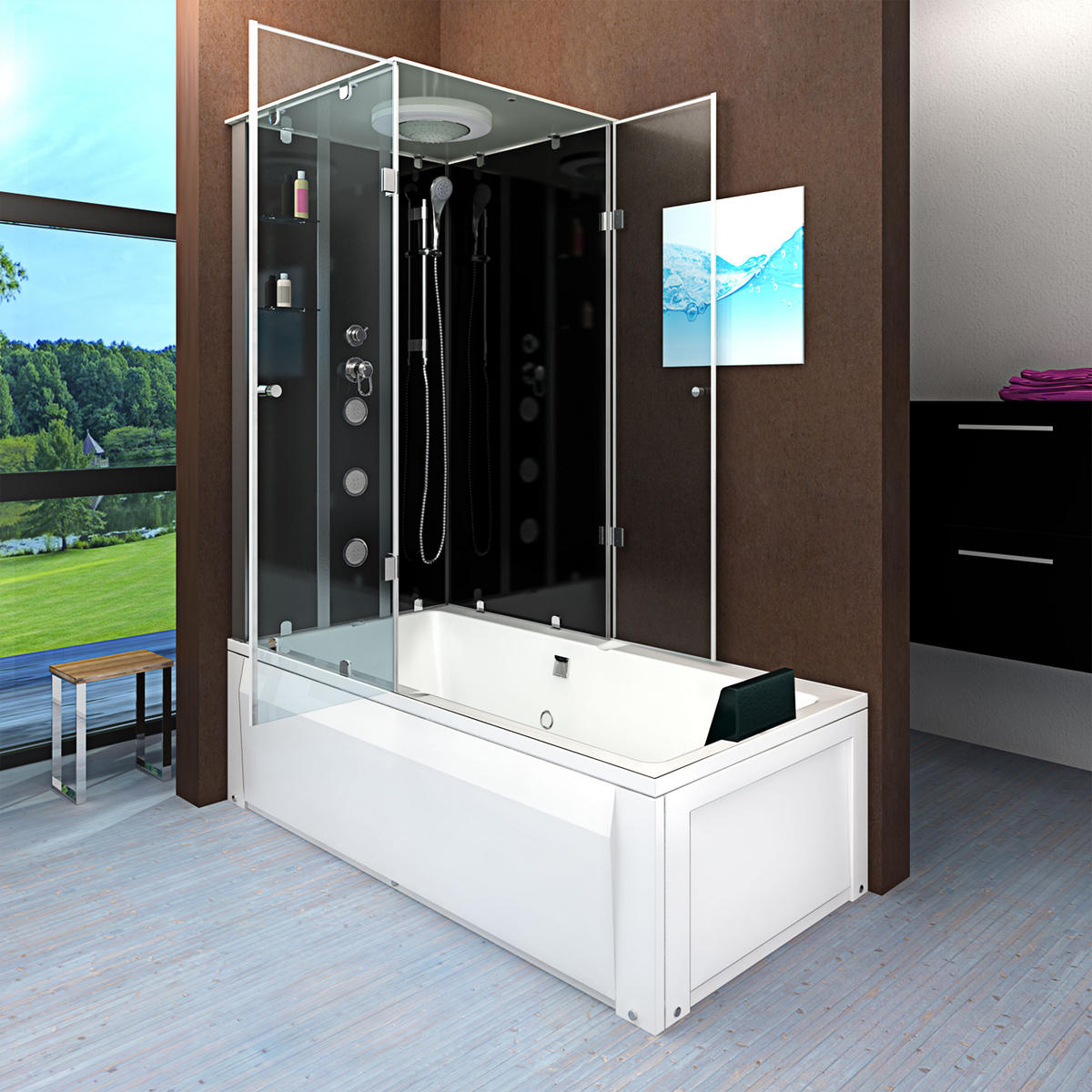 DUSCHE Wanne Kombination K05-R30-EC 90x180 - Schwarz, Glas/Kunststoff (180/225/90cm) - AcquaVapore by Sandra Jentho