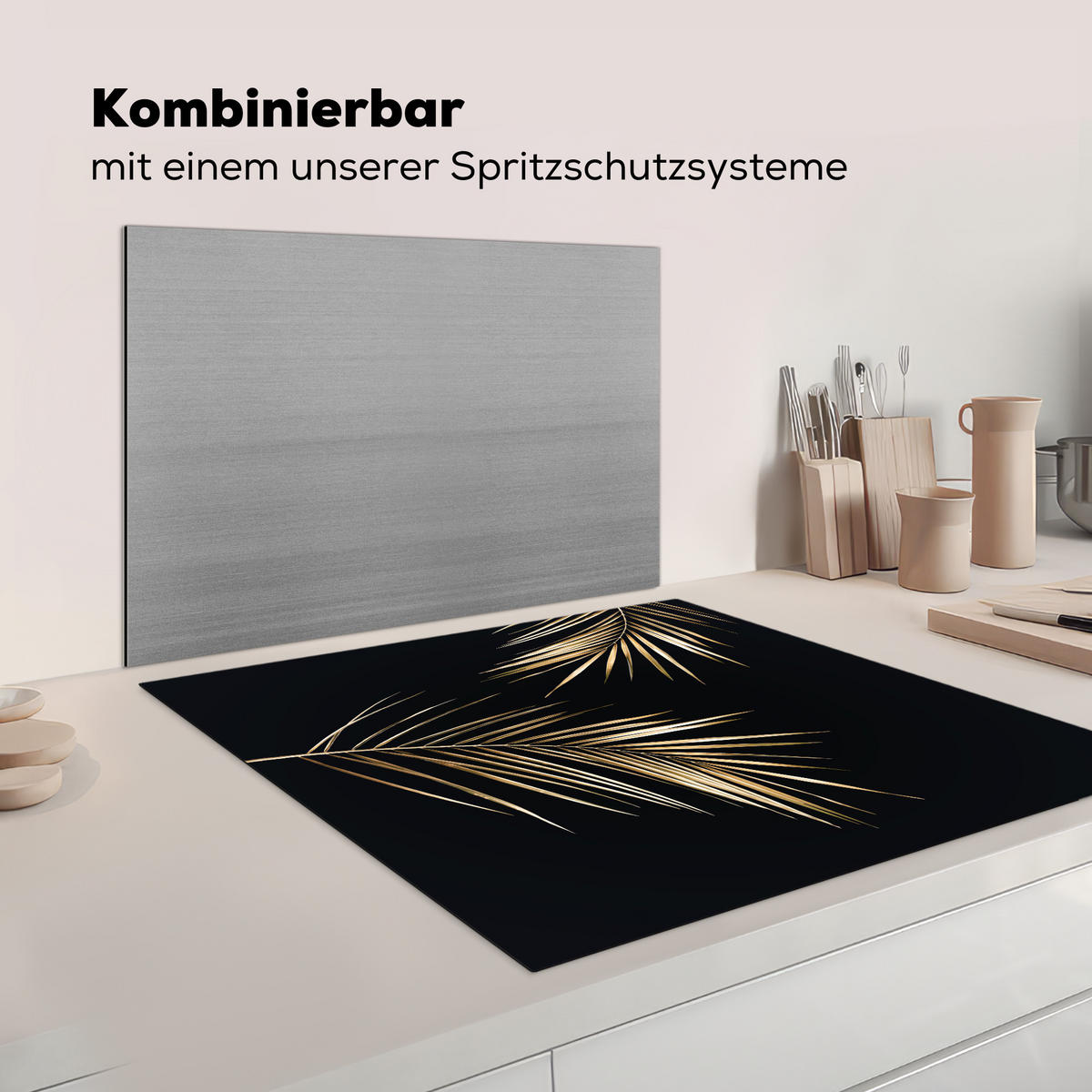 HERDABDECKPLATTE Blätter - Pflanzen - Gold - Schwarz - Luxus Induktionsmatte 78x78 cm - Goldfarben, Kunststoff (78/78/0.2cm) - MuchoWow