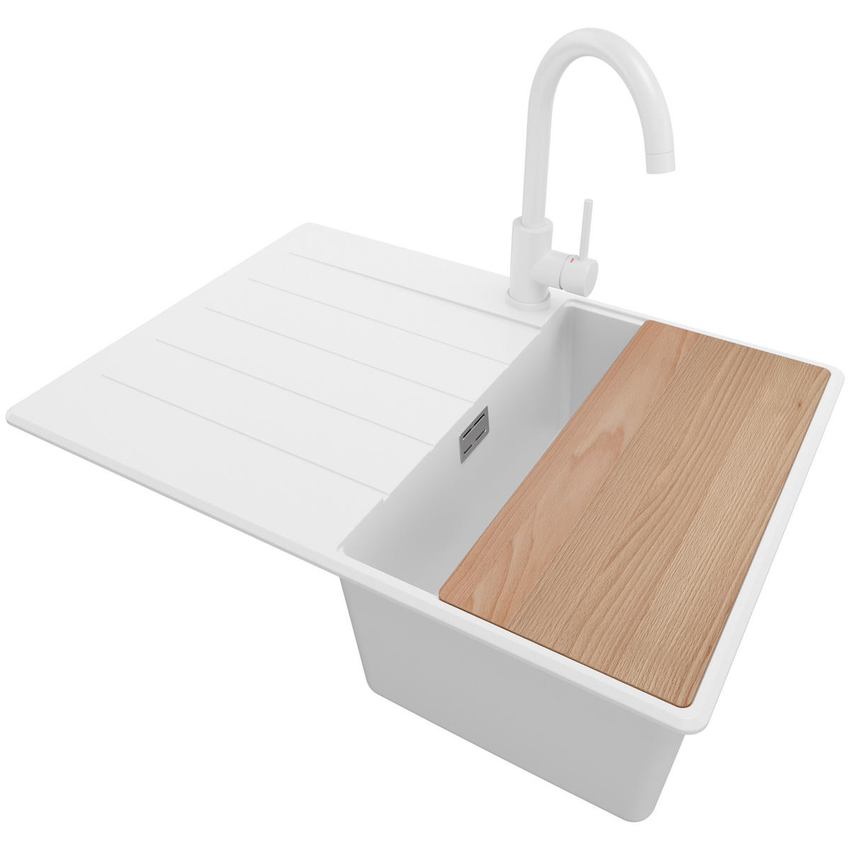 GRANITSPÜLE Kopenhagen, 2-er set Weiß 70/50 cm 1 Becken + Küchenarmatur 32/20 cm + Ablauf-Set + Schneidebrett ab 40er Unterschrank - Chromfarben/Beige, Kunststoff (70/20/50cm) - Primagran