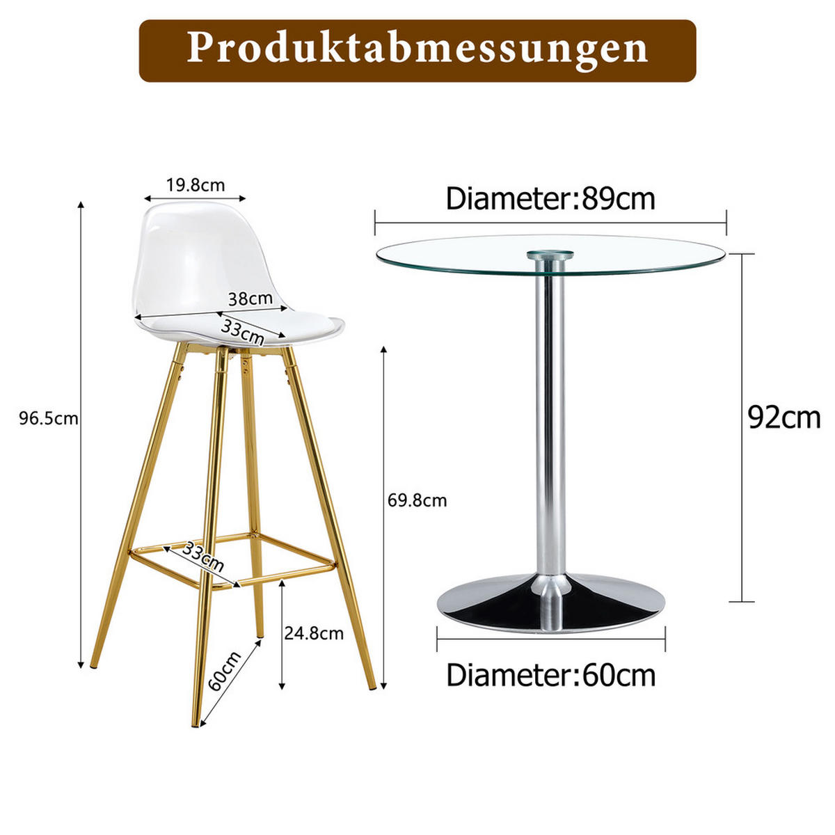 TISCHGRUPPE 3-tlg Glastisch Rund 89cm Barhocker Gold - Transparent, Glas/Metall (41.5/33.5/72cm) - Raelunyi