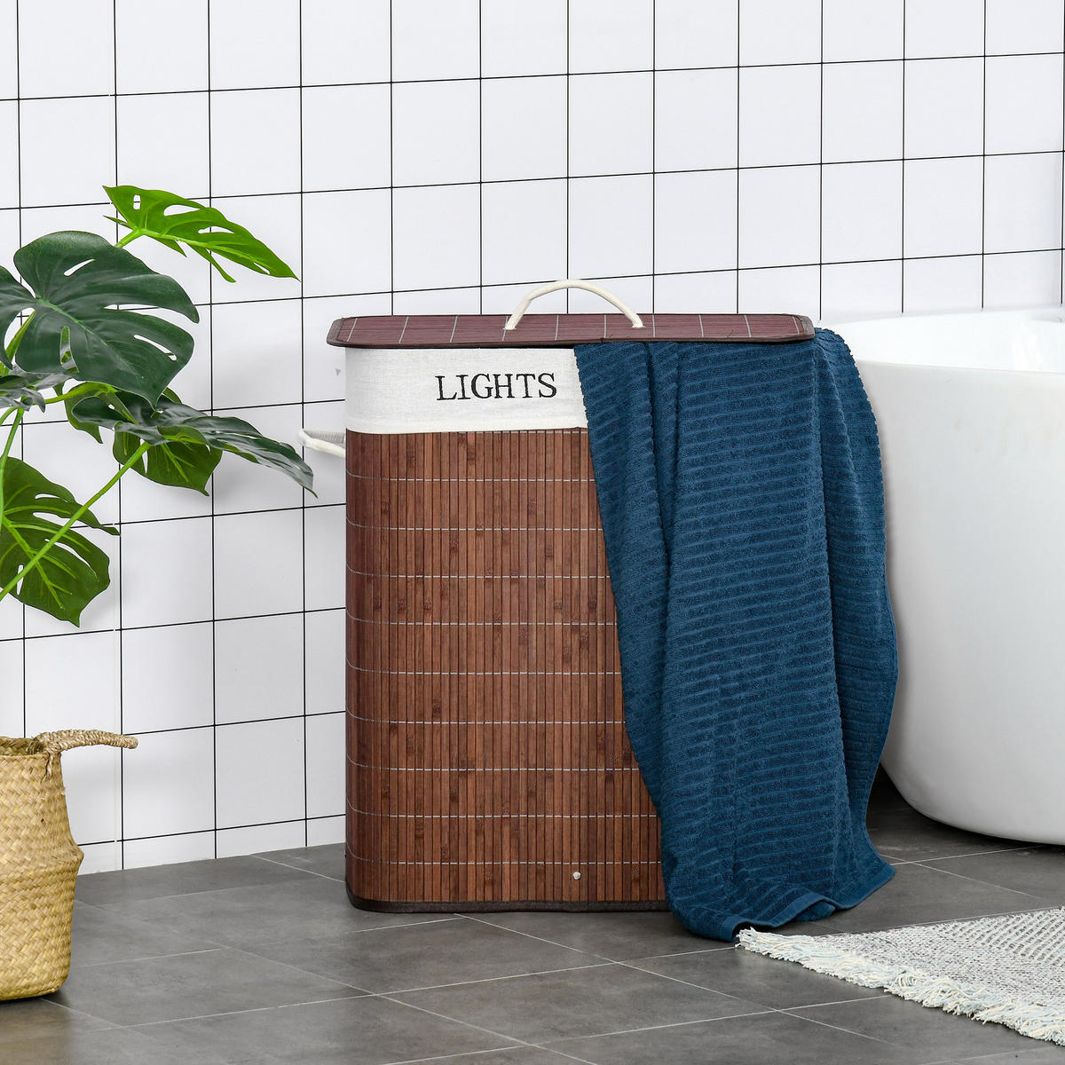 WÄSCHEKORB, Bambus, Polyester Braun+Weiß - Braun, Naturmaterialen (32/63/52cm) - HOMCOM