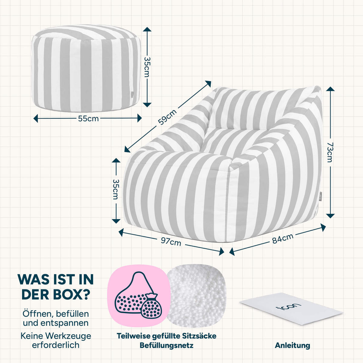 SITZSACK mit Sitzpouf Natalia - Taupe, Textil (97/73/84cm) - icon