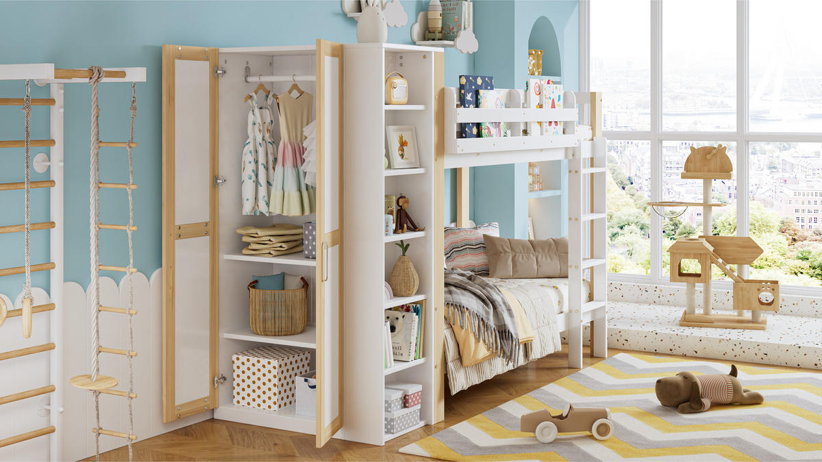 ETAGENBETT 90x200 cm Regal Schrank Stauraum - Weiß, Holz (90/200cm) - LEBENLANG