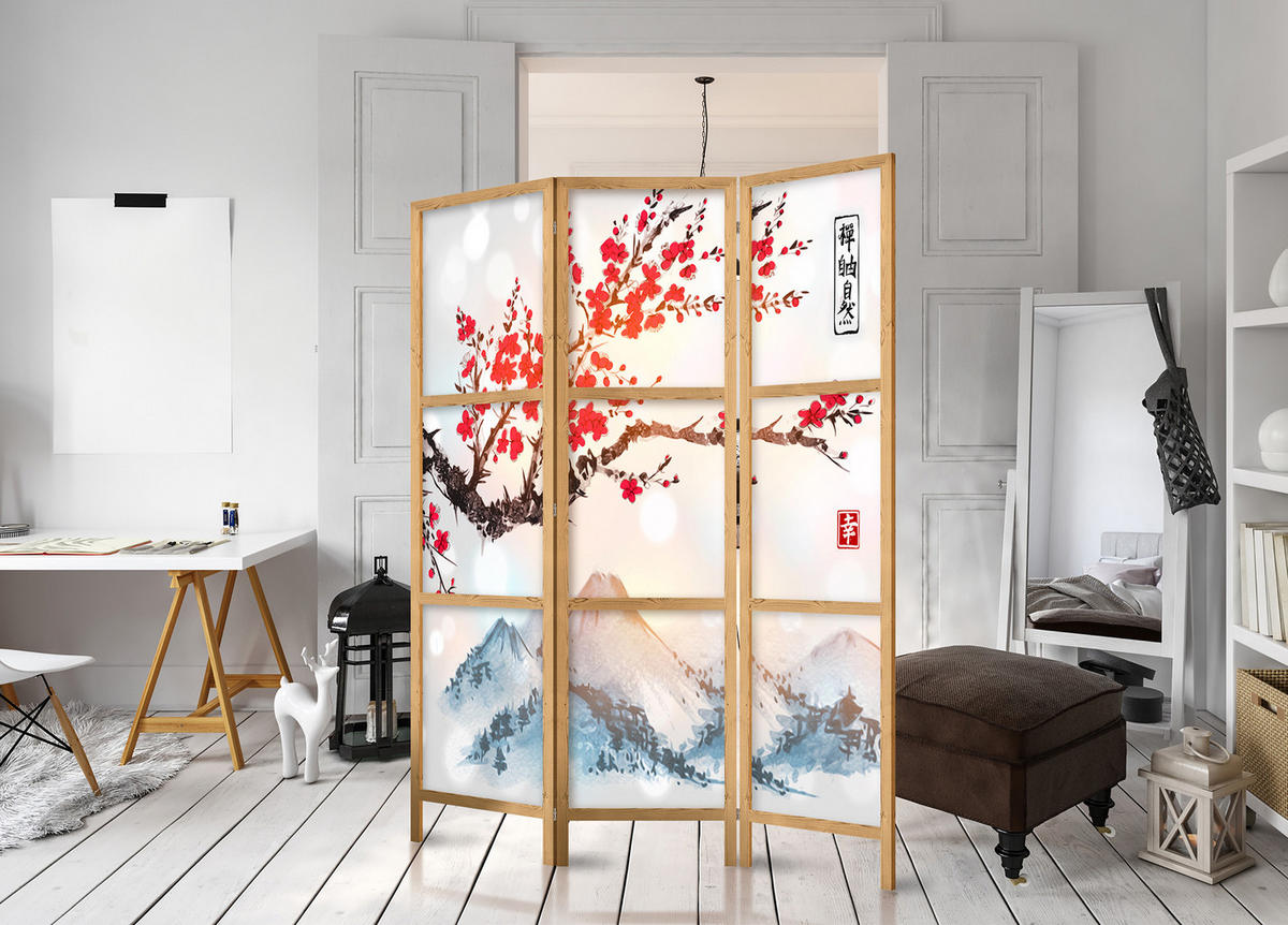 PARAVENT Japanischer 3-tlg 135x172 cm Sakura Berg Fuji - Multicolor, Holz/Textil (135/172/3cm) - Muralo