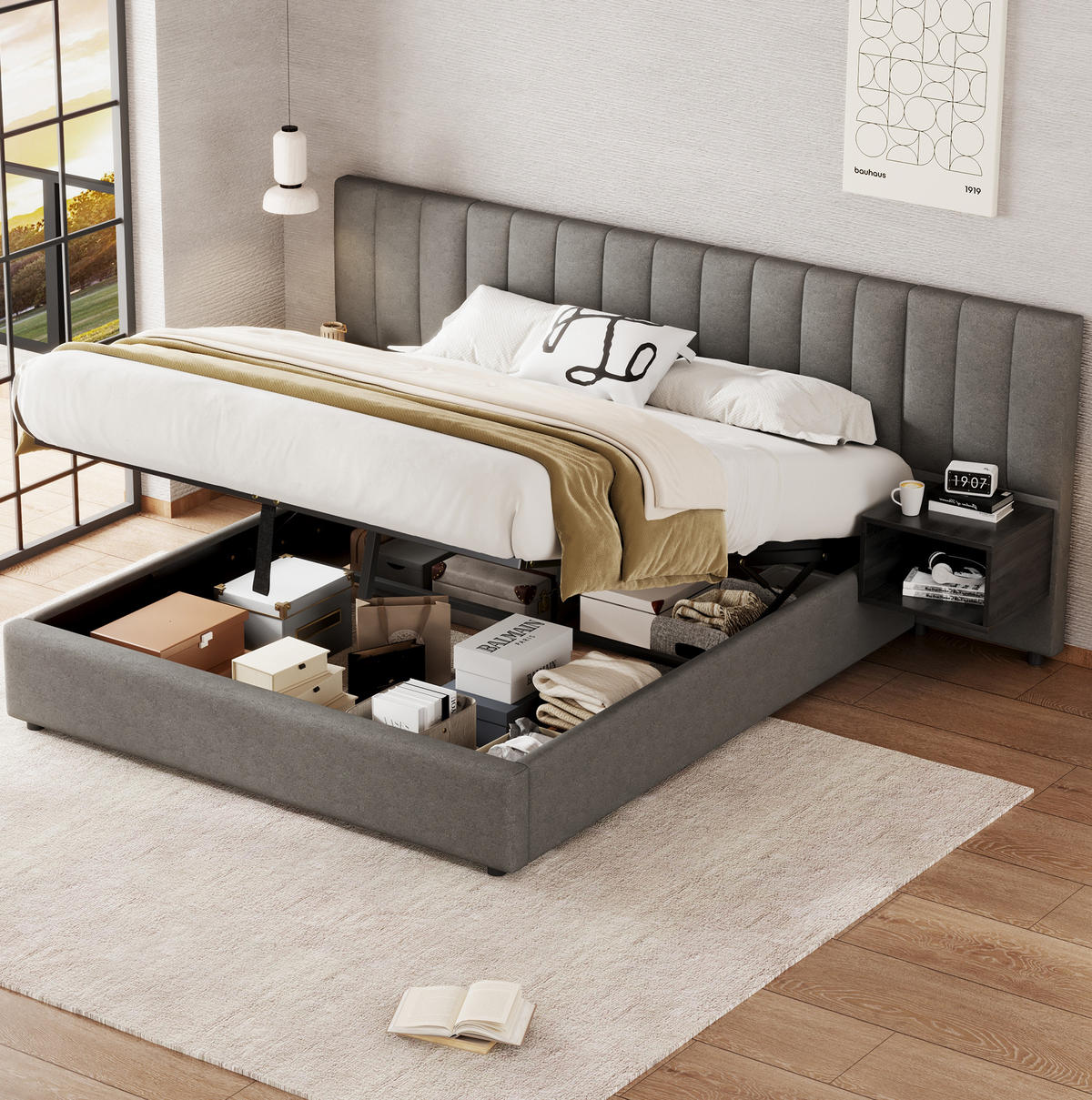 POLSTERBETT aus Leinen 160x200 cm in Grau mit Stauraum - Grau, Textil (160/200cm) - Modfu
