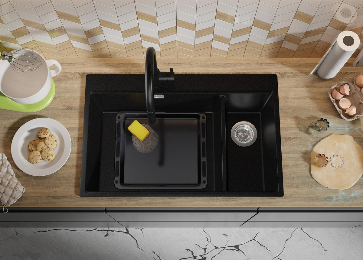 SPÜLBECKEN Oslo Duo, 2-er set Alles Schwarz 78/50 cm 2 Becken + Ablauf-Set + Schneidebrett ab 80er Unterschrank - Beige/Schwarz, Kunststoff (78/20/50cm) - Primagran