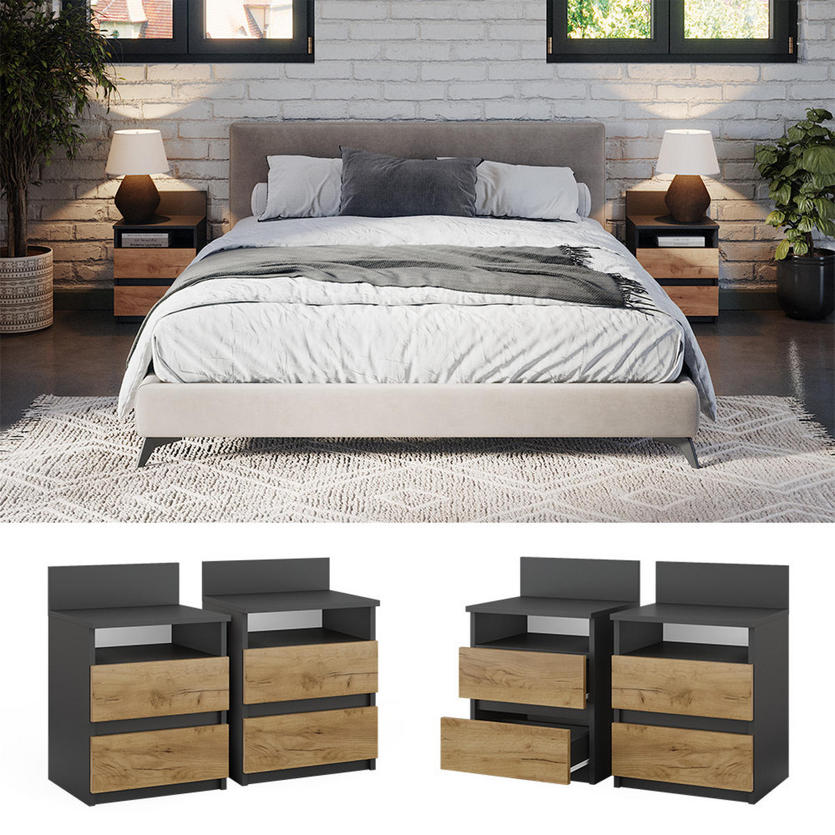 NACHTTISCH Monty Anthrazit 39.6 x 59.1 cm 2er Set - Anthrazit, Holzwerkstoff (32.3/59.1/39.6cm) - Vicco