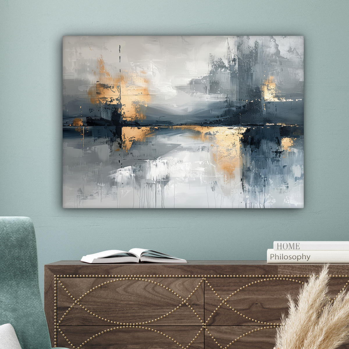 LEINWANDBILD Kunst - Grau - Gold - Abstrakt Wandbilder 80x60 cm - Dunkelgrau, Textil (80/60cm) - MuchoWow