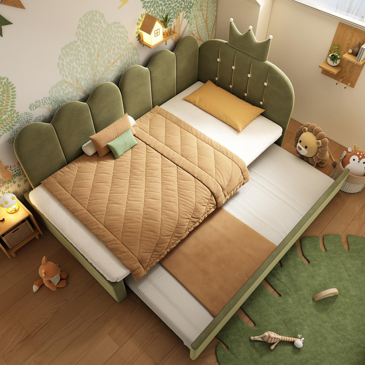 KINDERBETT Kindereinzelbetten 90/200 cm mit Ausziehbett 90/190 cm, L-Form, Kronen- und Gitterdesign aus Samt, Grün - Grün, Textil (90/200cm) - Redom