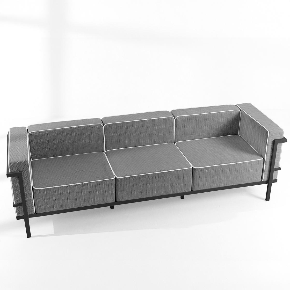 GARTENLOUNGE-SET TRIGLO 1x Tisch, 2x Sessel, 1x Sofa 3-Sitzer, 4-tlg., Modern, Dunkelgrau - Dunkelgrau/Schwarz, Glas/Textil - KONSIMO®