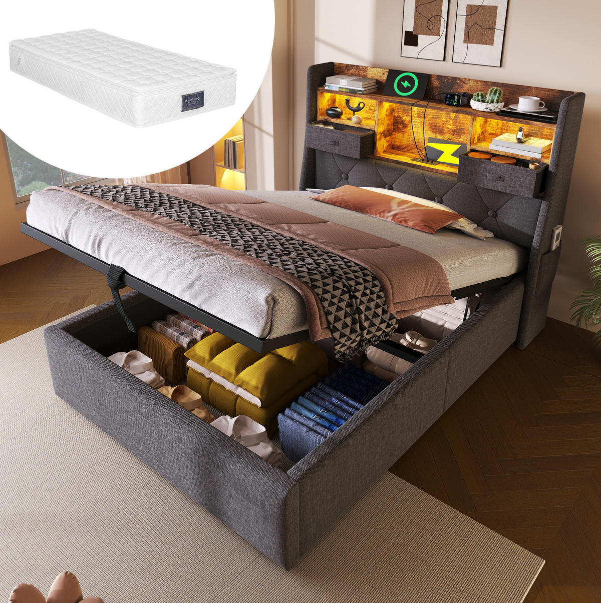 POLSTERBETT 90/200 cm Grau aus Leinen mit Stauraum - Grau, Textil (90/200cm) - OKMYHOME