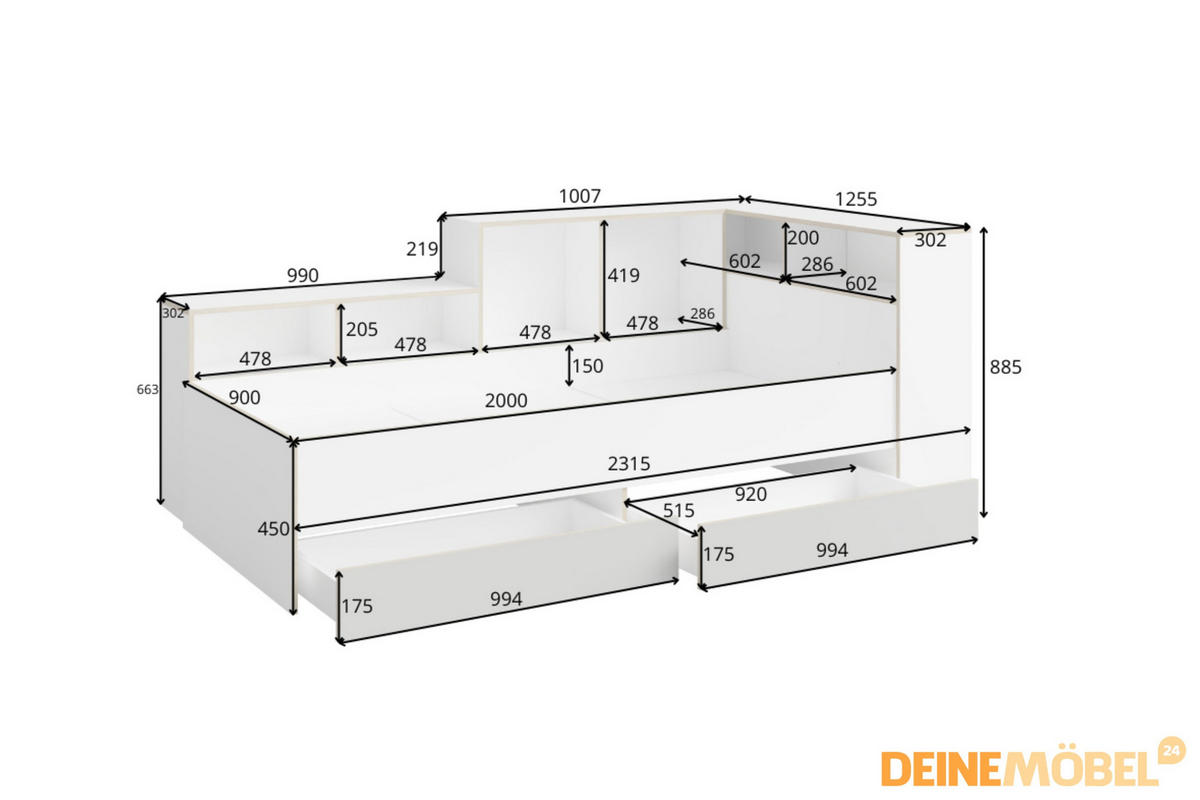 JUGENDBETT PAXO 90/200 in Weiß / Grau / Eiche - Eichefarben/Weiß, Holzwerkstoff (90/200cm) - Deine Möbel 24