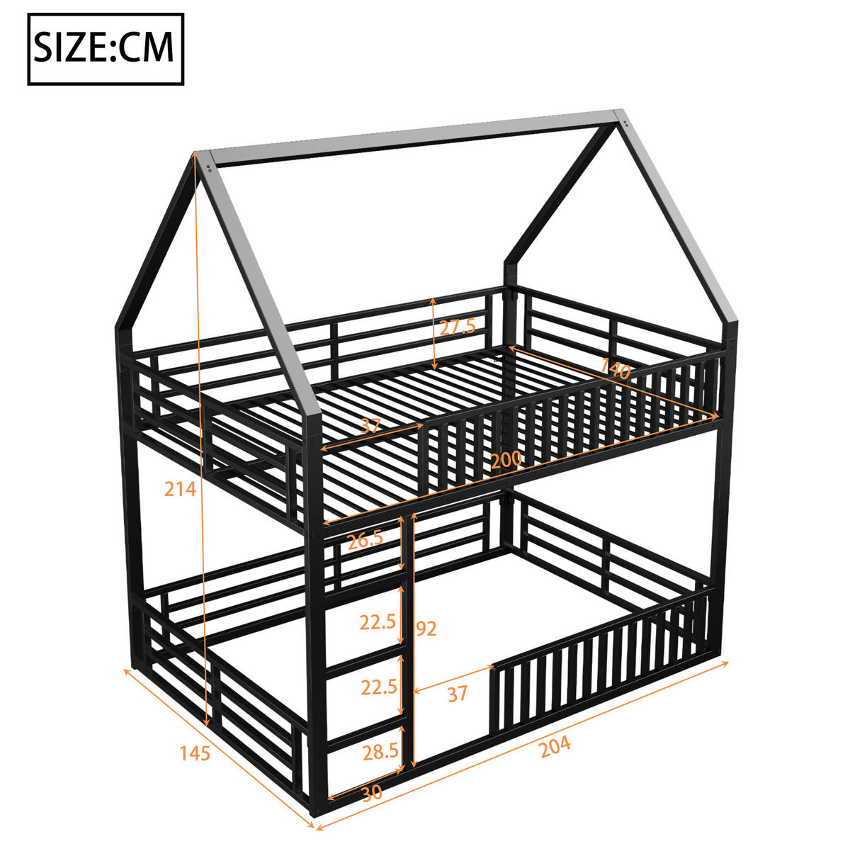 ETAGENBETT 140/200 cm mit Zaun, LED-Beleuchtung und Hausdach, Metall, Schwarz - Schwarz, Metall (140/200cm) - Redom