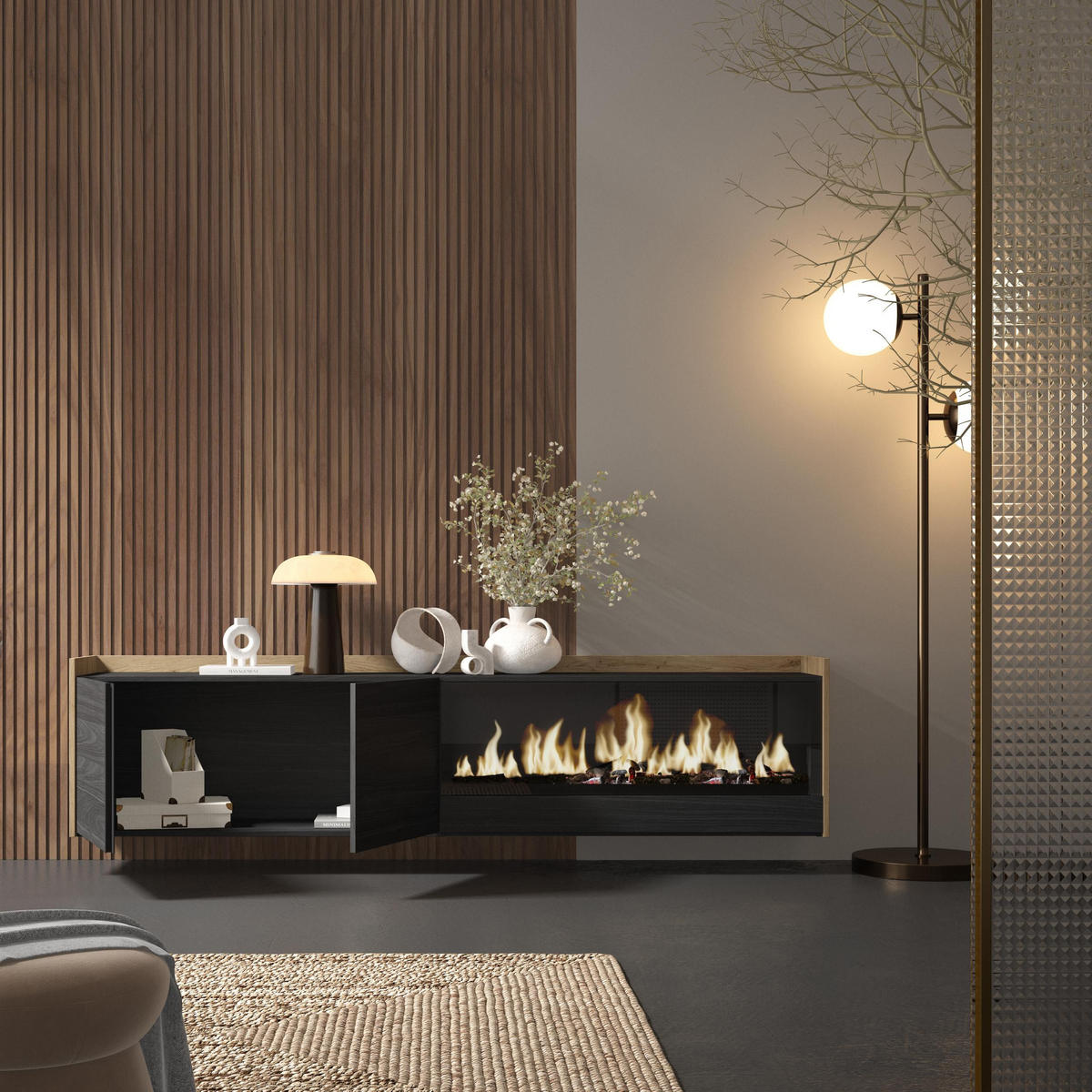 LOWBOARD, Schwarz und Eiche, 212/35/50cm, Kamin mit Feuereffekt XXL - Schwarz, Holzwerkstoff (212/50/35cm) - Skraut Home