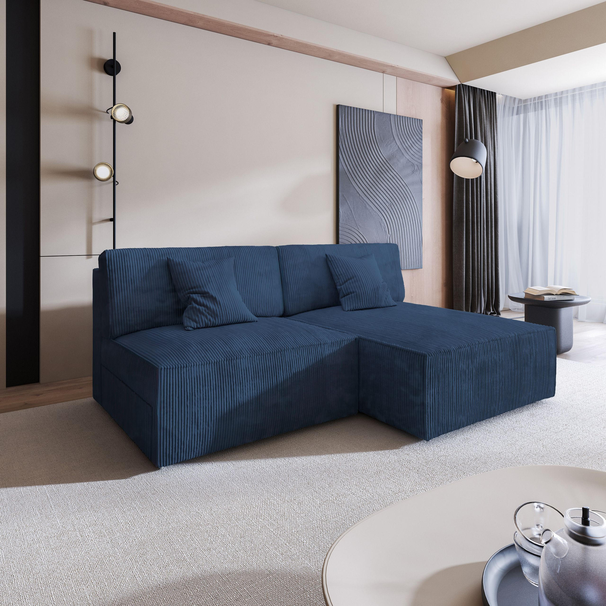ECKSOFA FIORO P Blau Kordstoff mit Schlaffunktion - Blau, Holz (204/148cm) - MASSENO