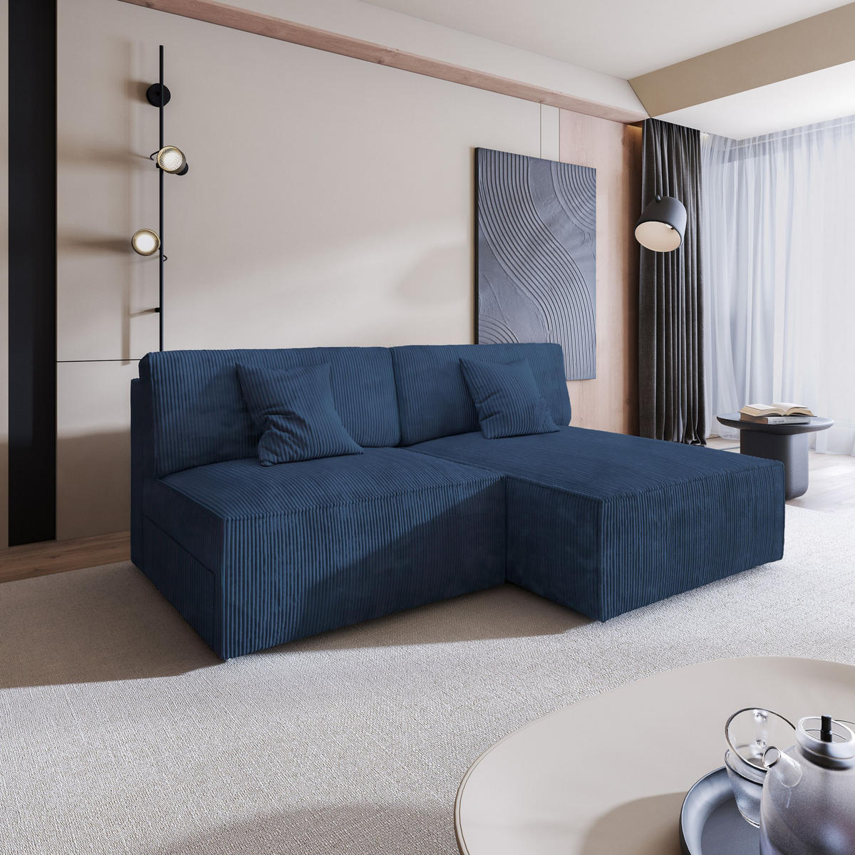 ECKSOFA FIORO P Blau Kordstoff mit Schlaffunktion - Blau, Holz (204/148cm) - MASSENO