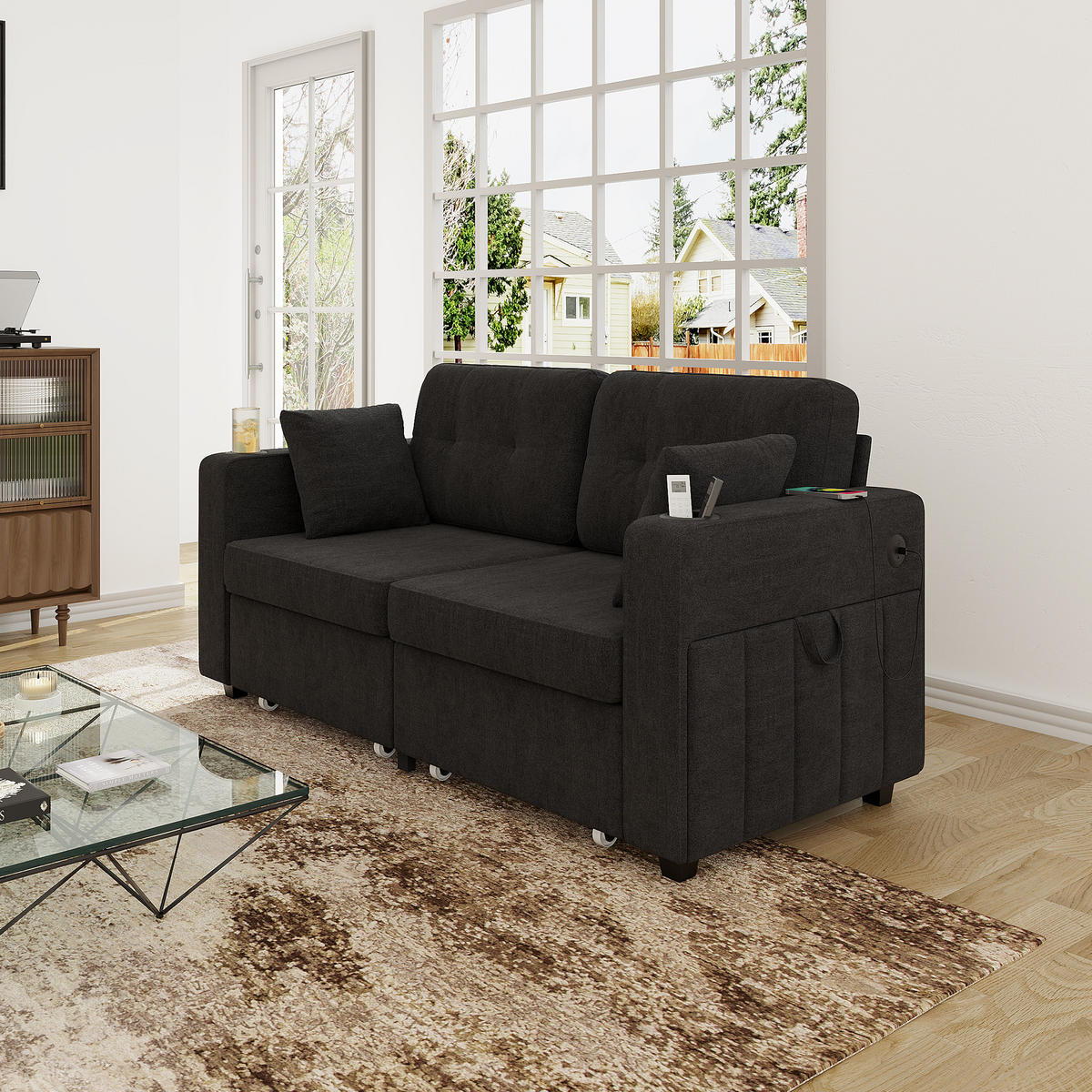 2-SITZER Sofa aus Chenille 172x75x82 cm in Schwarz mit USB & Stauraumschubladen - Schwarz, Textil (75/82/172cm) - Modfu
