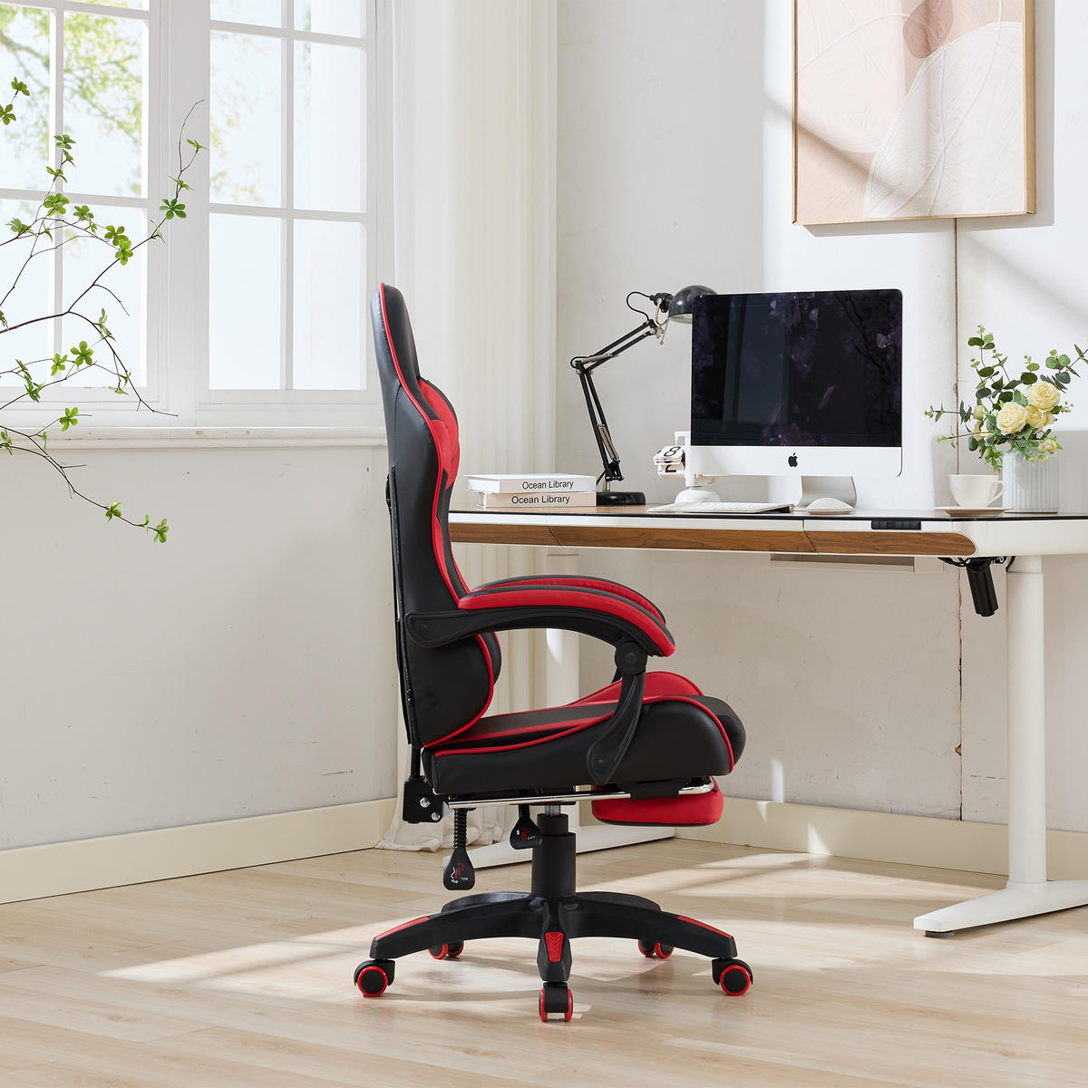 DREHSTUHL B64 / T58 / H116.5-126 cm, Rennsport-Design, gepolstertes PVC-Leder, höhenverstellbar und drehbar, Schwarz/Rot - Rot, Kunststoff (58/116.5/64.5cm) - Redom