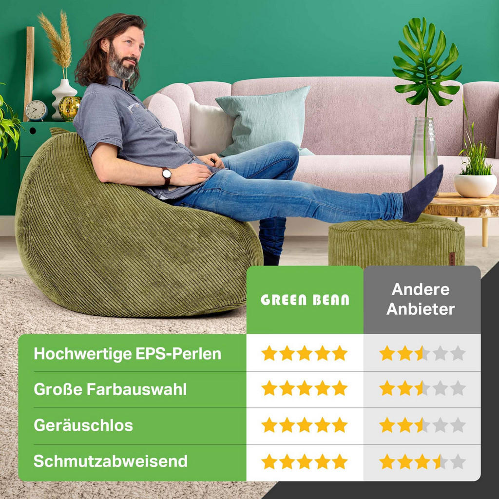 Thumbnail - Green Bean Xxl-Sitzsack, Grün, Textil, Füllung: Styroporkugeln, Oval, 90x110x90 cm, Hergestellt in Deutschland, Wohnzimm...
