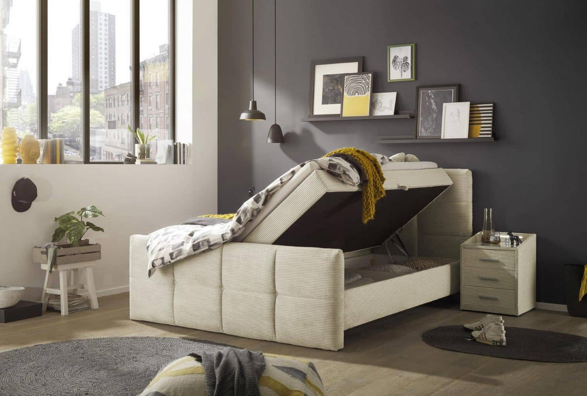 BOXBETT Breitcord, 7-Zonen-Tonnentaschen-Federkernmatratze, HR-30 Topper, Bettkasten - Beige/Creme, Holz/Kunststoff (180/200cm) - ed exciting design