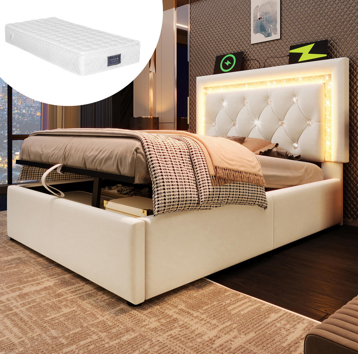 ČALÚNENÁ posteľ 90/200 cm so zamatovým poťahom, LED osvetlením, USB a Type-C, úložným priestorom, Béžová - béžová, textil (90/200cm) - Redom