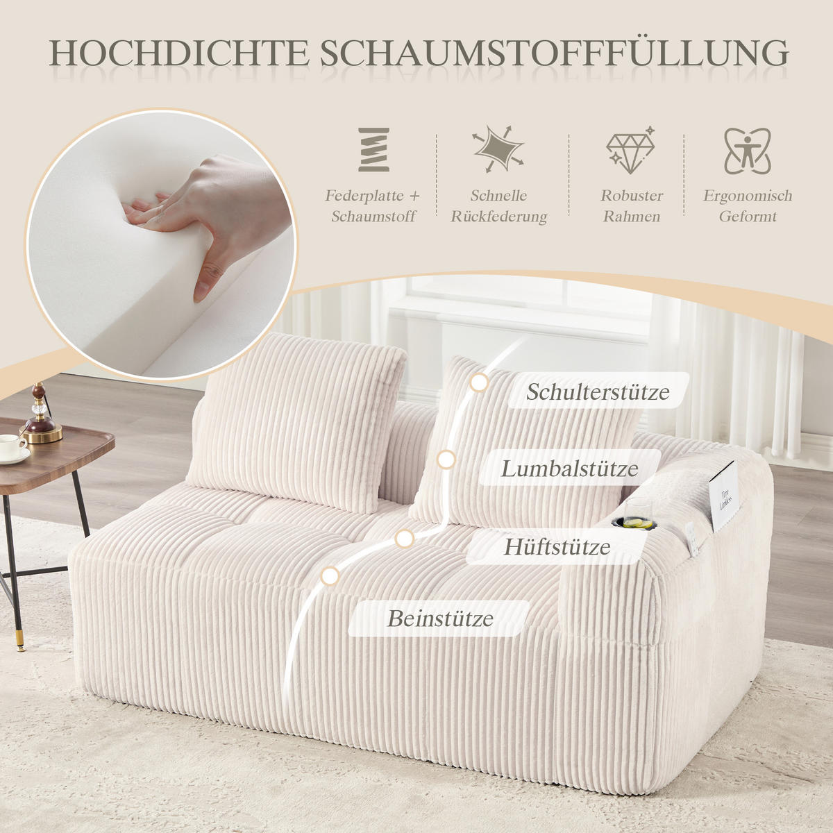 CHAISELONGUE in Cord Übergroßer Relaxsessel mit Seitentaschen - Beige, Textil (158/61/93cm) - Urban Meuble
